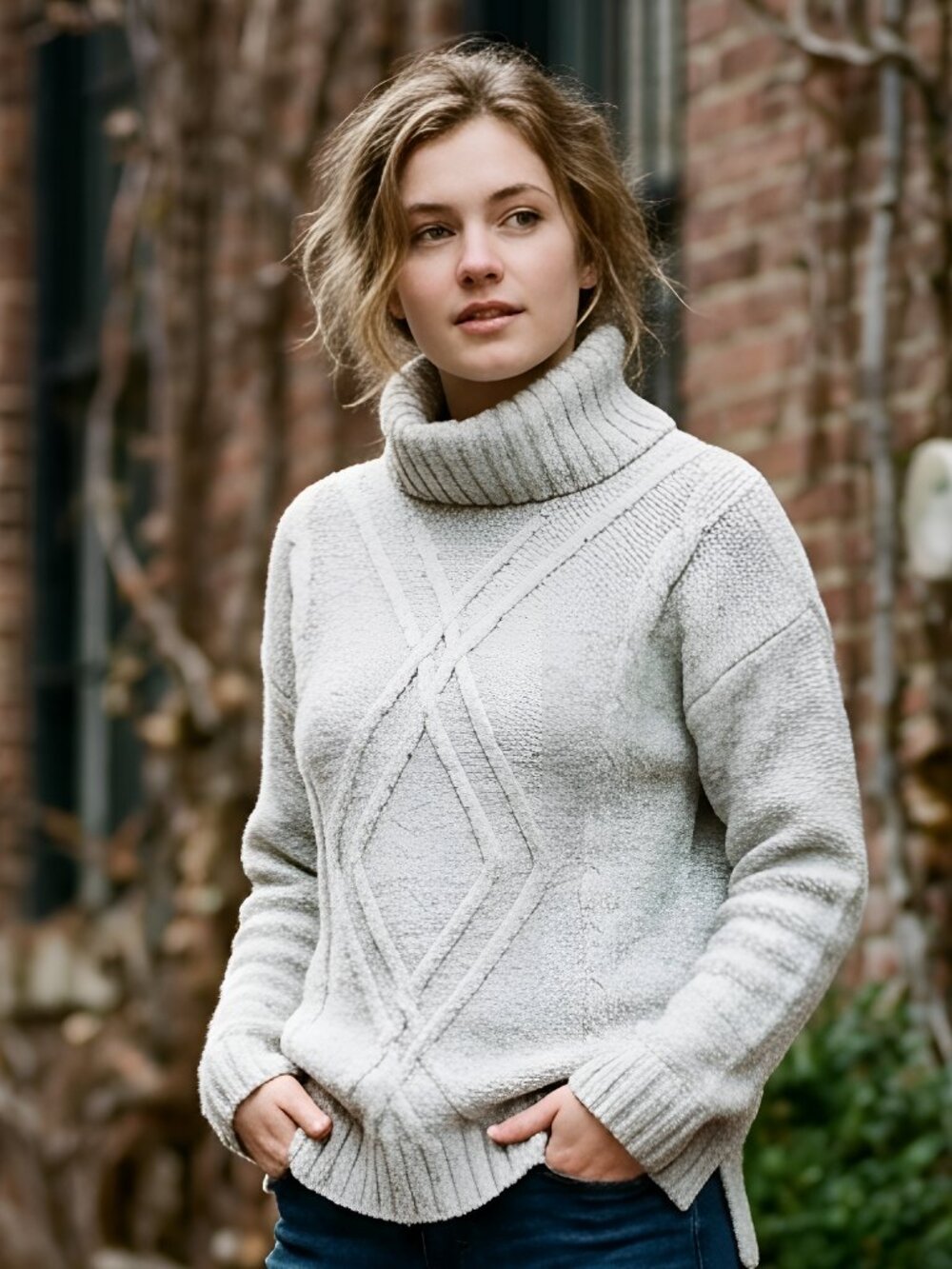 Michael Kors Sweater Medium Grey Cream Chunky Fisherman Knit Cable Turtleneck